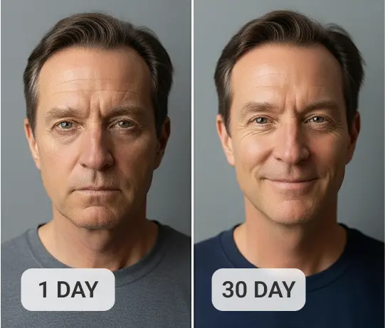 Before and after comparison showing visible anti-aging results from NAD+ therapy