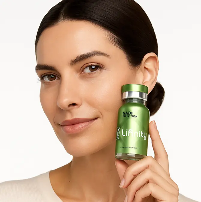 Energetic woman in fitness attire showcasing  NAD+ for enhanced vitality